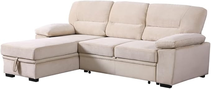 Lilola Home Kipling Beige Velvet Fabric Reversible Sleeper Sectional Sofa Chaise