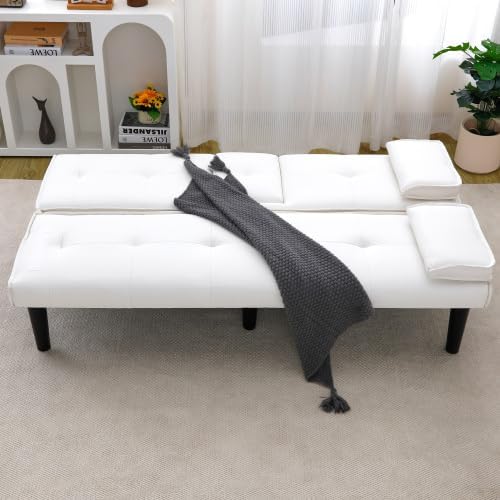 Futon Sofa Bed Modern Folding Couch for Small Space Faux Leather Convertible Loveseat Sleeper Bed Daybed Recliner Lounge Sofas for Living Room2 Cup HoldersMetal LegsRemovable Armrests (White)