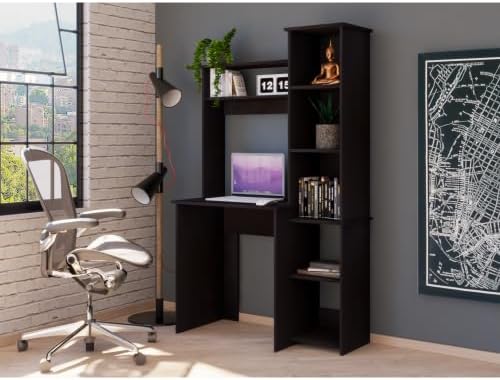 Black Desk with 5 Shelves &amp Superior Storage - Industrial Home Office Computer Desk