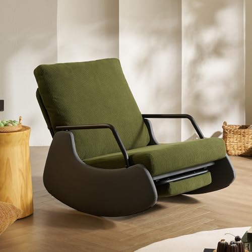 Rocking Recliner Chair for Adults Upholstered Plush Seating Glider Rocker with High Backrest Reading Chair Modern Nursery Accent Sofa Chairs Glider for Living Room (Grey/Green)
