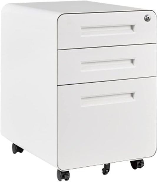 FLEXISPOT Metal File Cabinet for Under Desk Storage Mobile 3 Drawer File Cabinet Round Corner Design Filing Cabinets for Home OfficeWhite