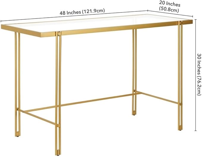 Pemberly Row Contemporary 48 Home Office Desk Brass Finish Metal Frame Tempered Glass Top Streamlined Modern Style Open Lower Space Ideal for Home Office Game Room or Vanity Area