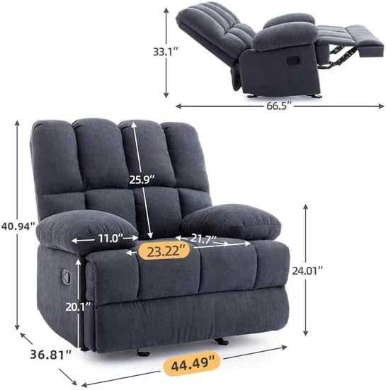 WILLOVE Oversized Rocker Recliner Chair Overstuffed Rocking Recliners Soft Big Man Manual Recliner Extra Large Living Room Chair 350 LBS Capacity Grey XL