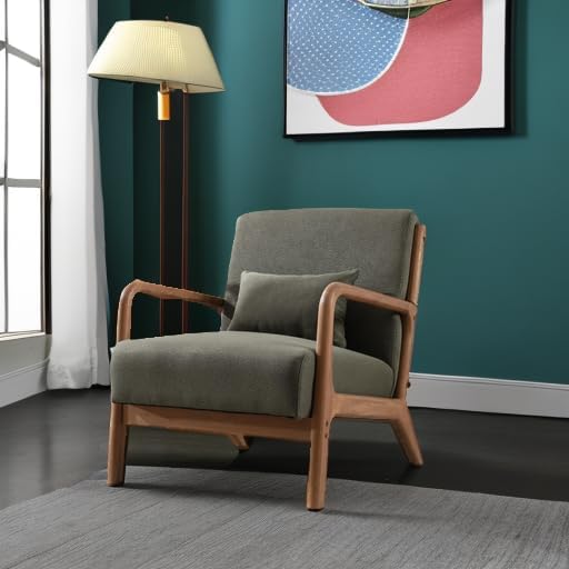 ANJ Mid Century Modern Accent Chair Comfy Fabric Reading Chair with Solid Wood Frame Easy Assembly Armchair for Living Room Blackish Green