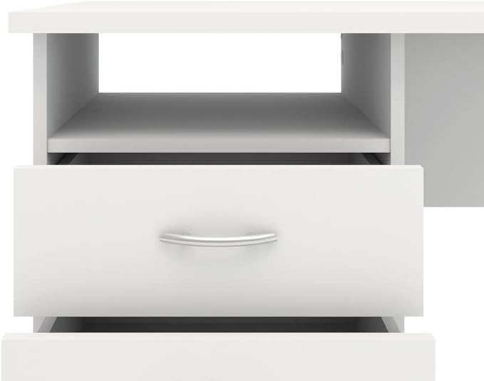 Stylish White Desk with Three Drawers and Open Shelf for Home Office