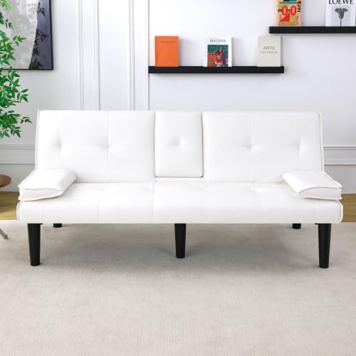 Futon Sofa Bed Modern Folding Couch for Small Space Faux Leather Convertible Loveseat Sleeper Bed Daybed Recliner Lounge Sofas for Living Room2 Cup HoldersMetal LegsRemovable Armrests (White)