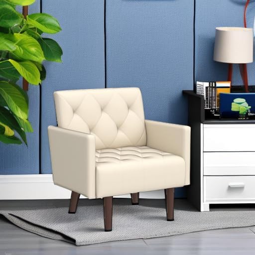 Faux Leather Accent Chair Modern Retro Arm Chair for Living Room and Bedroom Tufted Upholstered Sofa Club Chair Comfy Armchair for Small Spaces Bedroom Office (Beige)