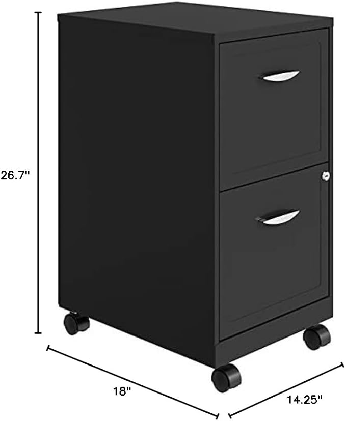 Pemberly Row 2-Drawer Mobile Metal Filing Cabinet Gray Finish 26.7 H X 14.25 W X 18 D Lockable Letter-Size Storage Smooth Glide Suspension Easy Roll Casters for Home or Office Use