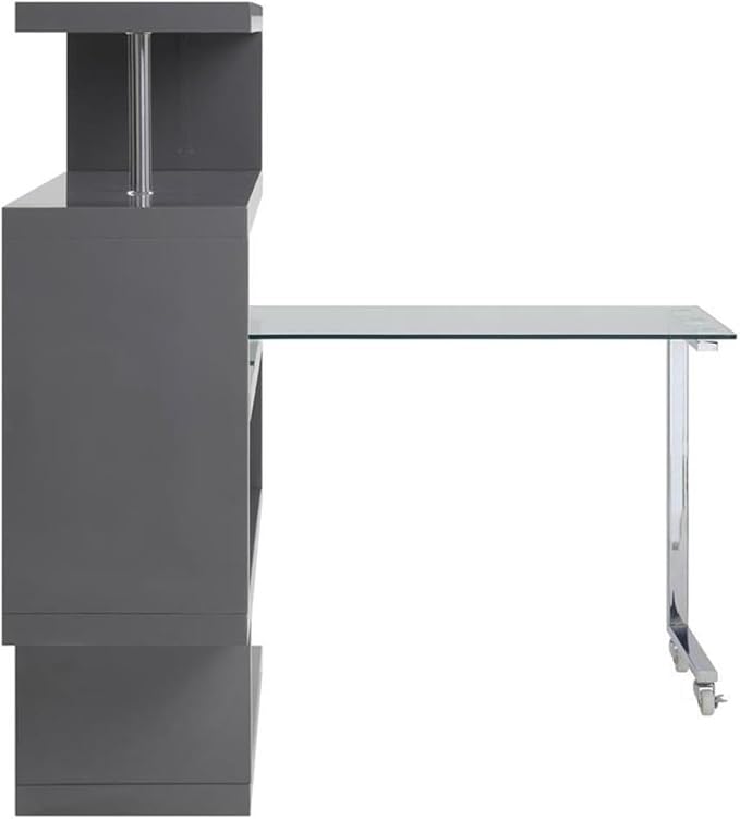 BOWERY HILL L-Shaped Glass Top Writing Desk Chrome and Gray High Gloss Finish Metal and MDF Construction 55 W x 24 D x 54 H 4 Shelves Swivel Function Modern Small Space Home Office Desk