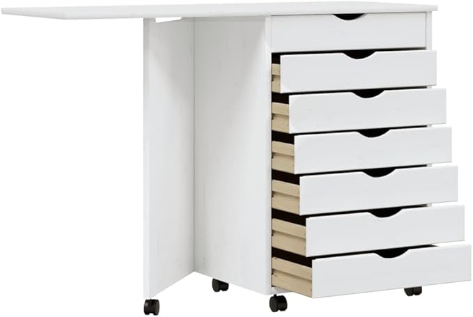 Foldable Design Rolling Cabinet with 7 Storage Drawers Mobile Home Office Study Writing Desk with Smooth Wheels Space Saving Compact Desk White