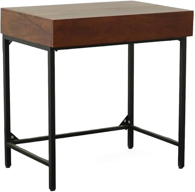 Pemberly Row Hidden Storage Writing Desk Rustic Mango Wood Chestnut Stain Black Metal Frame 31 in x 22 in Foldable Top Industrial Style for Home Office Dorm or Den Use