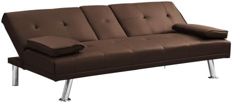 Convertible Folding Futon Sofa Bed with Metal Legs &amp 2 Cupholders Modern New Upholstered Couch Loveseat Sleeper Folding Couches Bed Removable Armrests for Small Spaces (Brown)