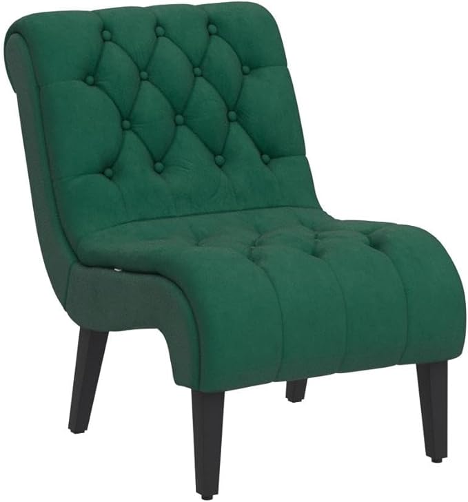 Comfy Velvet Accent Chair Upholstered Armless Side Chair for Living Room Modern Small Lounger with Tufted Back and Rolled Edge Design Comfy Reading Chaise Lounge with Solid Rubber Wood Legs Green