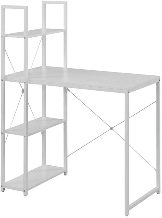Pemberly Row Home Office Desk 36 x 19.5 x 47.25 in Particleboard &amp Powder-Coated Metal White Wood Finish 4 Shelves Sturdy Workstation for Computer Books Decor Study Workspace