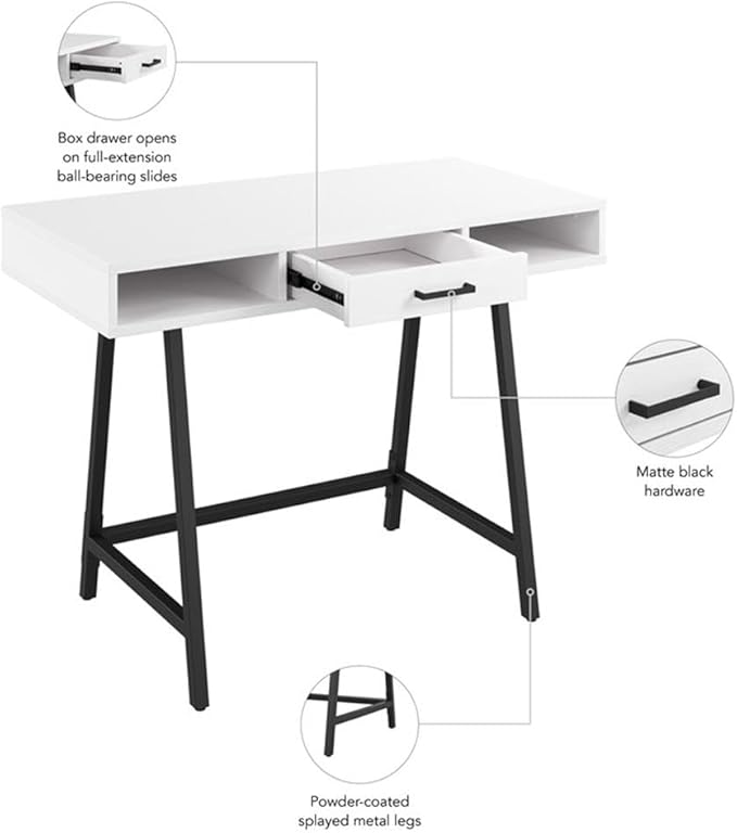 Pemberly Row 40 W Writing Desk Pure White Oak Finish Engineered Wood Compact with Storage Box Drawer and Open Compartments Industrial Style Powder-Coated Metal Legs Home Office or Study Desk
