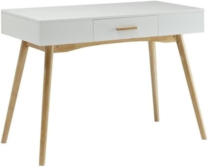 Allora 1-Drawer Rectangular Wood Home Office Desk 39.38 W x 19 D x 29.13 H Piano White Finish Solid Wood Legs Concealed Bamboo Handle Storage Modern Style Writing Desk for Office or Dorm Use