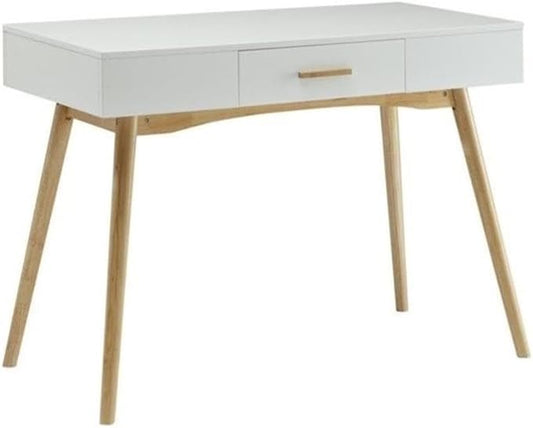 Allora 1-Drawer Rectangular Wood Home Office Desk 39.38 W x 19 D x 29.13 H Piano White Finish Solid Wood Legs Concealed Bamboo Handle Storage Modern Style Writing Desk for Office or Dorm Use