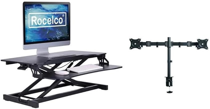 Pemberly Row Standing Desk Converter Adjustable Height Riser Black MDF Surface 31.5 x 16.4 Desktop Includes Dual Monitor Arm &amp Tablet Holder Ergonomic Keyboard Tray Home Office Use