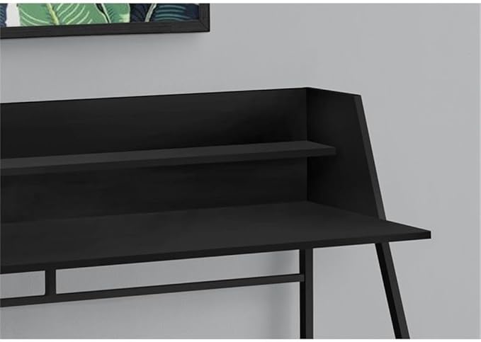 Pemberly Row Computer Desk 48 L Black Metal Particle Board Trapezoid Legs Hutch with Storage Shelf Contemporary Space-Saving Design for Home Office Living Room or Bedroom Use