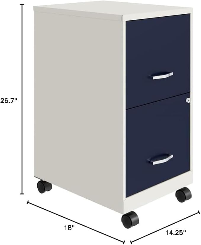 Pemberly Row 2-Drawer Mobile Metal Filing Cabinet 18 D White/Navy Finish Locking Drawers with Glide Suspension Letter-Size File Storage Compact Vertical Design for Home or Office