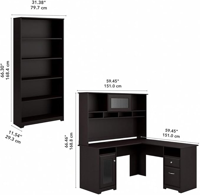 Bush Home Cabot 60W L Shaped Computer Desk with Hutch and 5 Shelf Bookcase in Espresso Oak