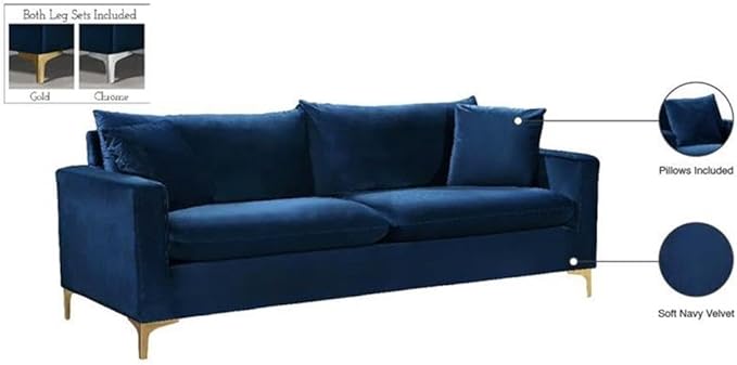 Meridian Furniture Naomi Collection Modern | Contemporary Navy Velvet Upholstered Sofa with Stainless Steel Base in a Rich Gold or Chrome Finish