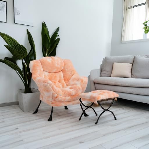 HollyHOME Lazy Chair with Foldable Ottoman Accent Comfy Lounge Armchair and Folding Footrest Stool Leisure Sofa Reading Chair and Footstool for Living Room Bedroom DormFaux Fur Peach