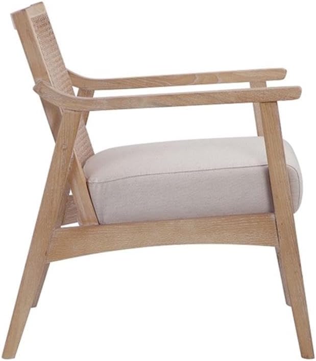 Pemberly Row Contemporary Lounge Chair Bone Boucle Fabric Oak Wood Finish Modern Cane Armchair Minimalist Accent Chair for Living Room or Bedroom Use