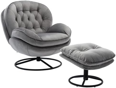TRIPLE TREE Velvet Accent Chair with Ottoman 360 Degree Swivel Lounge Armchair with Metal Base Comfy TV Chair Recliner Chair for Living Room Bedroom Reading Room Office Gray