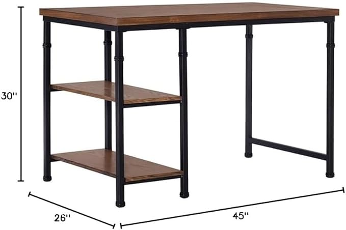 Atlin Designs Transitional Wood Desk 45 W x 26 D x 30 H Brown Stained Ash Veneer and Black Metal Frame Rustic Industrial Style 2 Shelves for Storage Home Office or Small Space Workspace