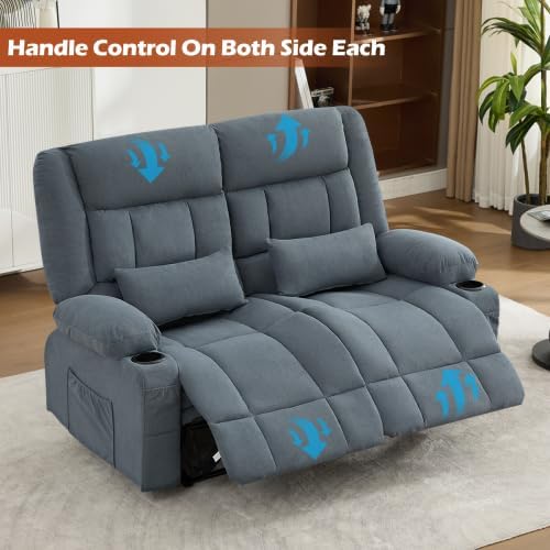 Recliner Loveseat Sofa with Cup Holders 2-Seater Fabric Reclining Couch Manual Recliner Chairs Sofas Wall Hugger for Living Room Small Spaces Home Theater RV Ergonomic Love Seats (Blue - 2 Seats)