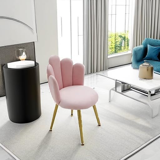 Vanity Chair for Makeup Room - Midcentury Modern Accent Velvet Chair with Back Support Gold Legs for Living Room Bedroom (Pink)