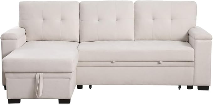 Lilola Home Convertible Sectional Sleeper Sofa Bed 85 Inch L Shaped Couch with Pull Out Bed Storage Chaise Removable Back Cushions for Living Room Office Woven Fabric Beige