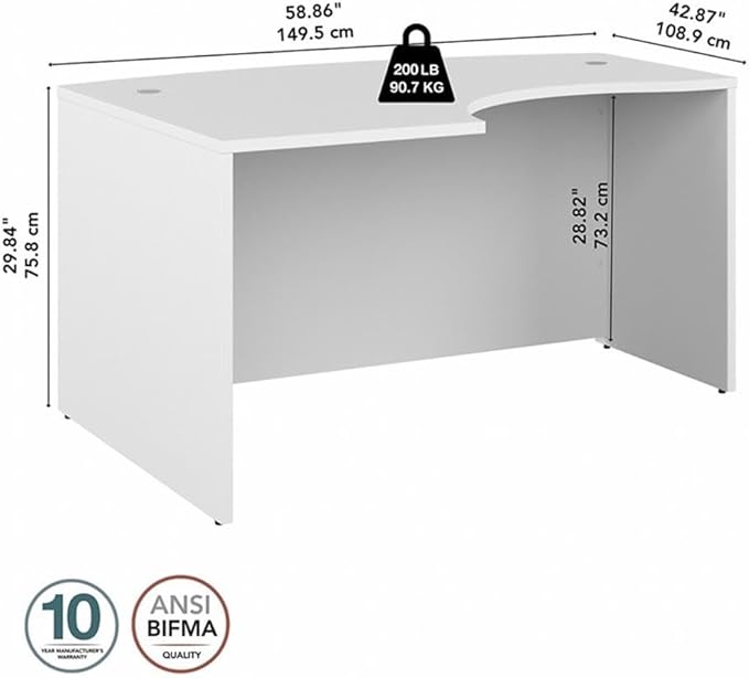 Pemberly Row 60W x 43D Left Hand L-Bow Desk Shell Engineered Wood White Finish Durable Office Desk with Cable Management and Modesty Panel Professional Workstation for Home or Office Use