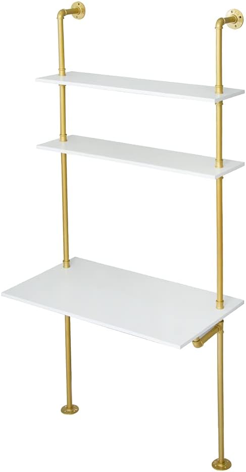 MAIKAILUN White and Gold Desk 36 Ladder Desk Wall Mount Computer Writing Table Pipe Shelf Shelving Mini Narrow Industrial Modern for Small Spaces(36x20x81)