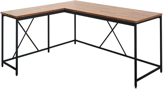 Pemberly Row Contemporary Corner Desk 63 x 55.1 Composite Wood and Metal Acacia/Black Finish Scratch and Heat Resistant Home Office Desk with Spacious Tabletop