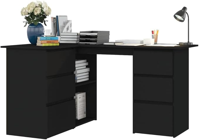 L-Shaped Writing Desk Corner Computer Desk with Drawer and Shelves 57.1in Study Table Workstation for Home Office Multipurpose PC Laptop Table Work Table Office Desk (Black)