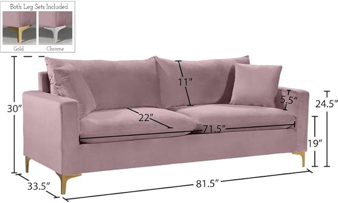 Meridian Furniture Naomi Collection Modern | Contemporary Pink Velvet Upholstered Sofa with Stainless Steel Base in a Rich Gold Finish