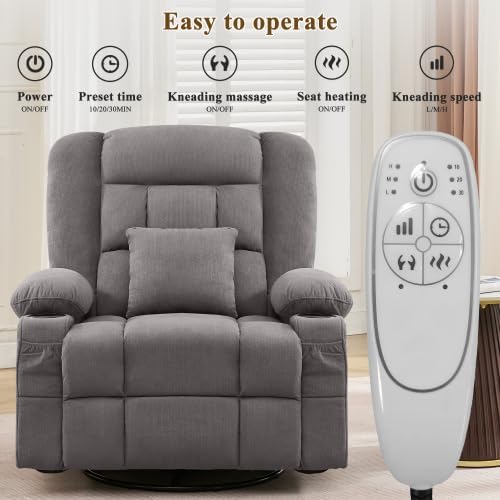 Oversized Recliner Chair for Adults w/ 4-Point 3D Kneading Massage and Lumbar Heating Swivel Rocker Recliner w/USB Charge Port for Living Room Ergonomic Lazy Boy Single Sofa Chair (Gray)