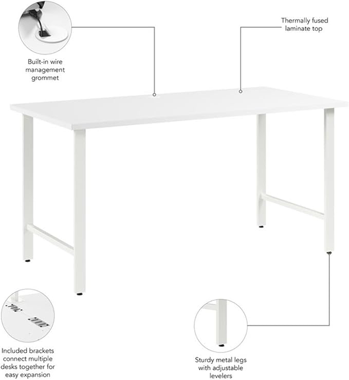 Pemberly Row 60W x 30D Computer Desk Engineered Wood and Metal White Finish Modern Office Desk with Wire Management Durable Work Surface Adjustable Levelers Home Office or Professional Workspace