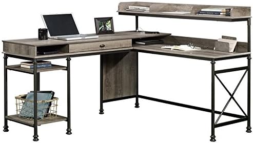 Pemberly Row L-Shape Wood and Metal Computer Desk Northern Oak Finish 60.75 in Wide Built-in USB Ports Cord Management Pencil Drawer Elevated Shelving Industrial Style Home Office Desk
