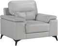 Pemberly Row Leather Match Accent Chair Silver Gray Finish Top Grain Leather and Faux Leather Pillow-Top Arms Black Metal Legs 35 in H x 43.75 in W x 36 in D Modern Living Room Seating