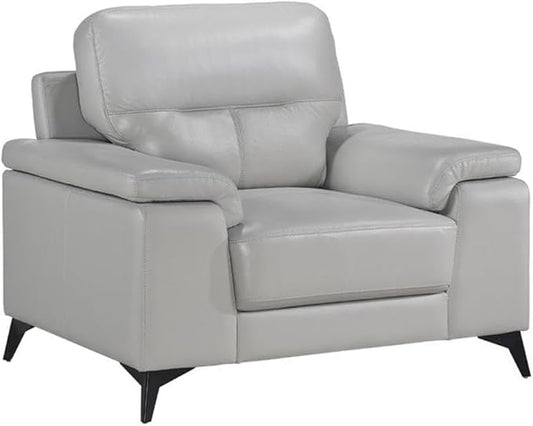 Pemberly Row Leather Match Accent Chair Silver Gray Finish Top Grain Leather and Faux Leather Pillow-Top Arms Black Metal Legs 35 in H x 43.75 in W x 36 in D Modern Living Room Seating