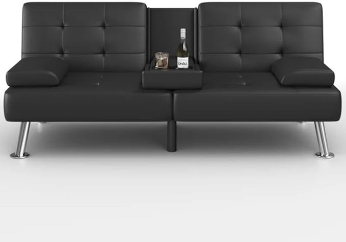 GUNJI Multi-Functional Faux Leather Futon Sofa Bed with Removable Armrests and Adjustable Sleeper Function Double Cup Holder Design Suitable for Living Room