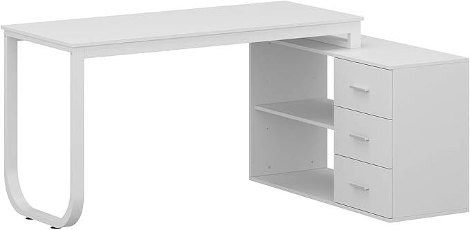 White Large L Shaped Office Computer Desk with Drawers Reversible Long Corner Gaming Work Study Desk Table with Adjustable Shelves &amp Storage Drawers for Home Office Bedroom