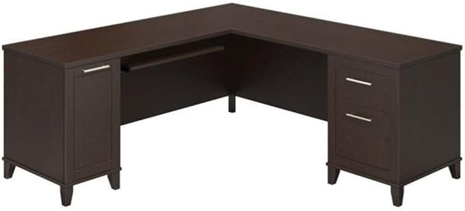 BOWERY HILL 71 Wood L-Shaped Desk Mocha Cherry Finish Transitional Home Office Desk Keyboard Tray Vertical Cabinet File Drawer Box Drawer Wire Management 72W Surface