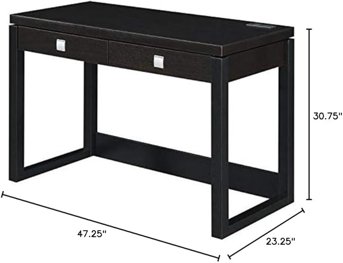 Pemberly Row Two-Drawer Desk with Charging Station Black Wood Finish 47.25 in x 23.25 in x 30.75 in Includes USB Ports and Outlet Concealed Storage Home Office Desk for Workspace Organization