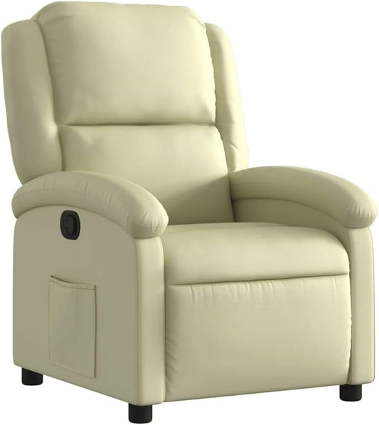 vidaXL Recliner Chair - Cream Real Leather Lounger - Manual Reclining with Solid Wood &amp Metal Frame Padded Armrests Side Pocket 242.5 lb Load Capacity - Living Room/Office