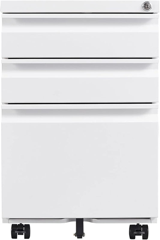3 Drawer White File Cabinet with Lock Under Desk Storage Filing Cabinets with Wheels Small Rolling Metal Office Cabinet for Home Office Legal Letter and A4 Files