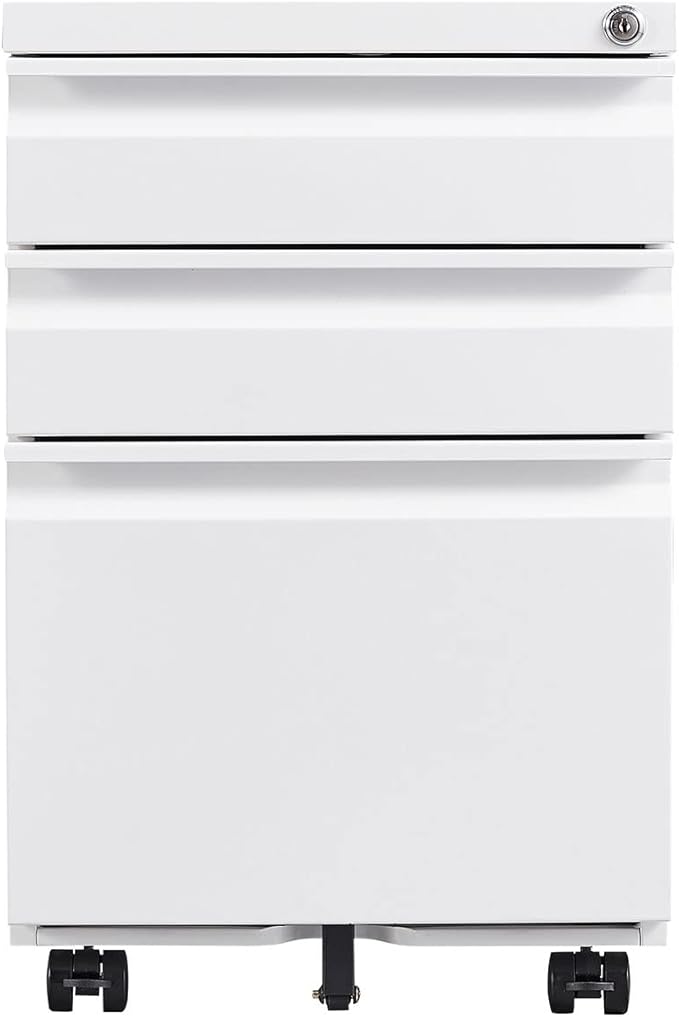 3 Drawer Mobile Locking File Cabinet Rolling Filing Cabinet for LetterA4 Size with 5 WheelsWhite